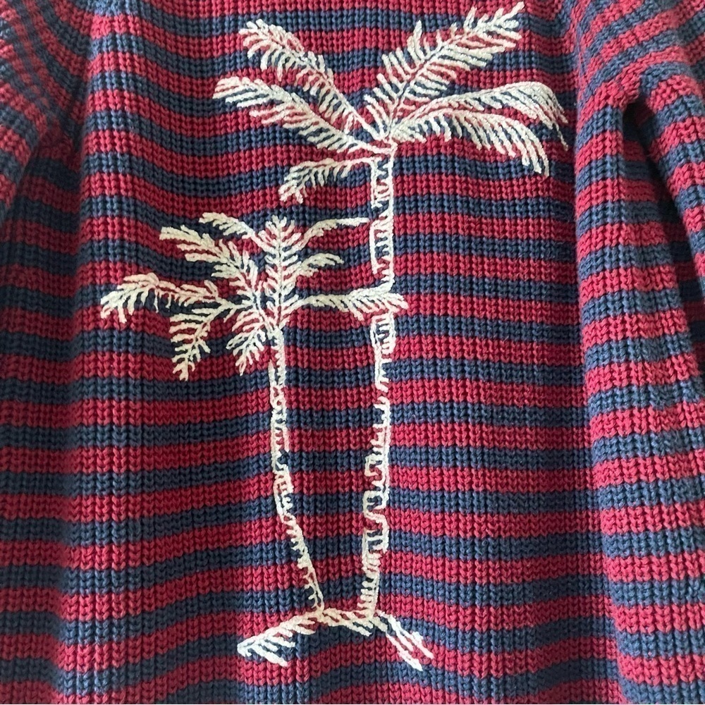 Faherty Palm Tree Sweater Medium Striped Cotton Knit Burgundy Navy Blue ASO - Picture 7 of 17